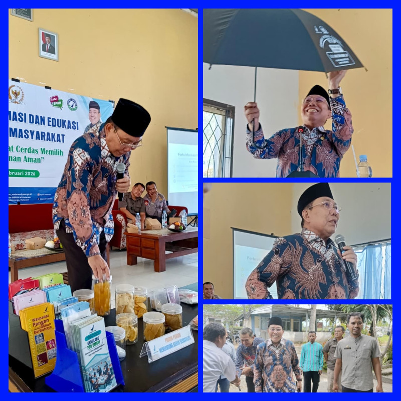 Foto Suasana Saat Dewan H. M. Muazzim Akbar, S.IP Menjelaskan Tentang Obat dan Pangan Aman Serta Membagikan Payung Gratis kepada Peserta dan Panitia